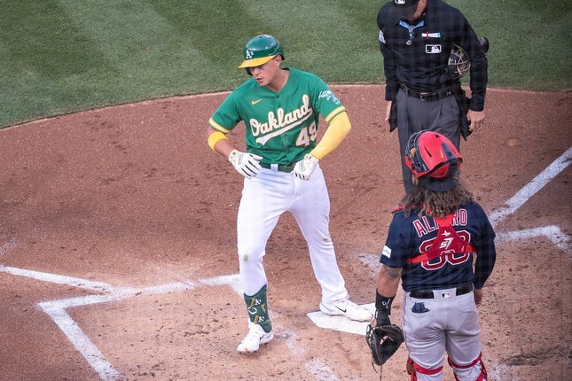 Jul 18, 2023; Oakland, CA, USA; Oakland Athletics first baseman Ryan Noda (49) walks across the plate after hitting a home run in the second inning at Oakland-Alameda County Coliseum.